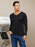 SilkSilky FR Soie Tricotée Manches longues Col en V Homme T Shirt Noir 003