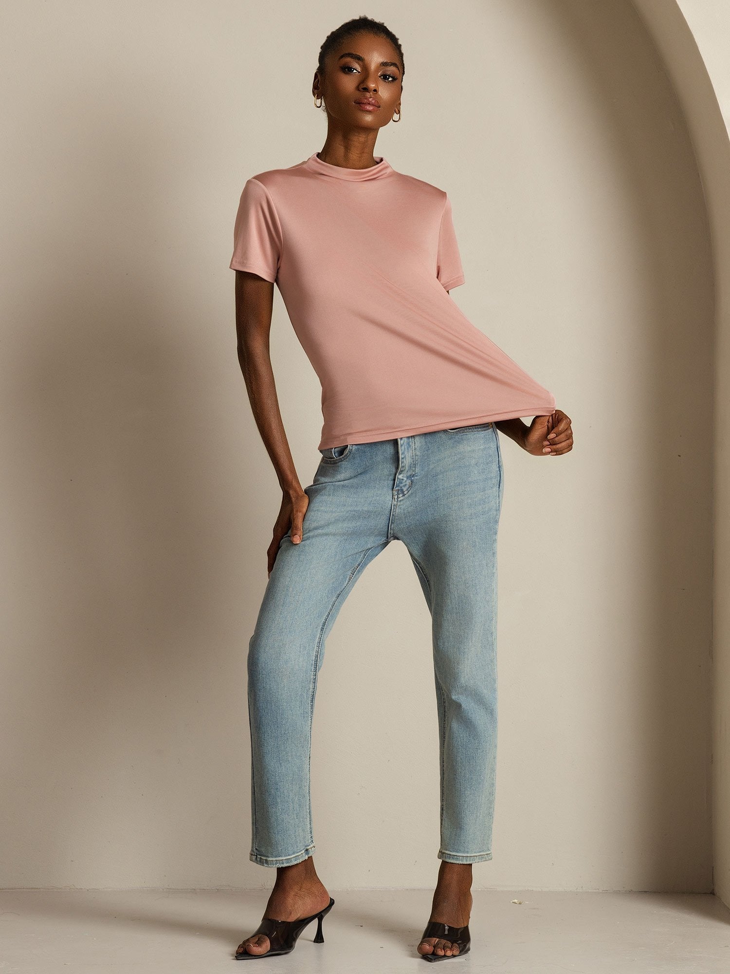 [Rose] SilkSilky-FR Soie Col Chemise Femme T-Shirt 004