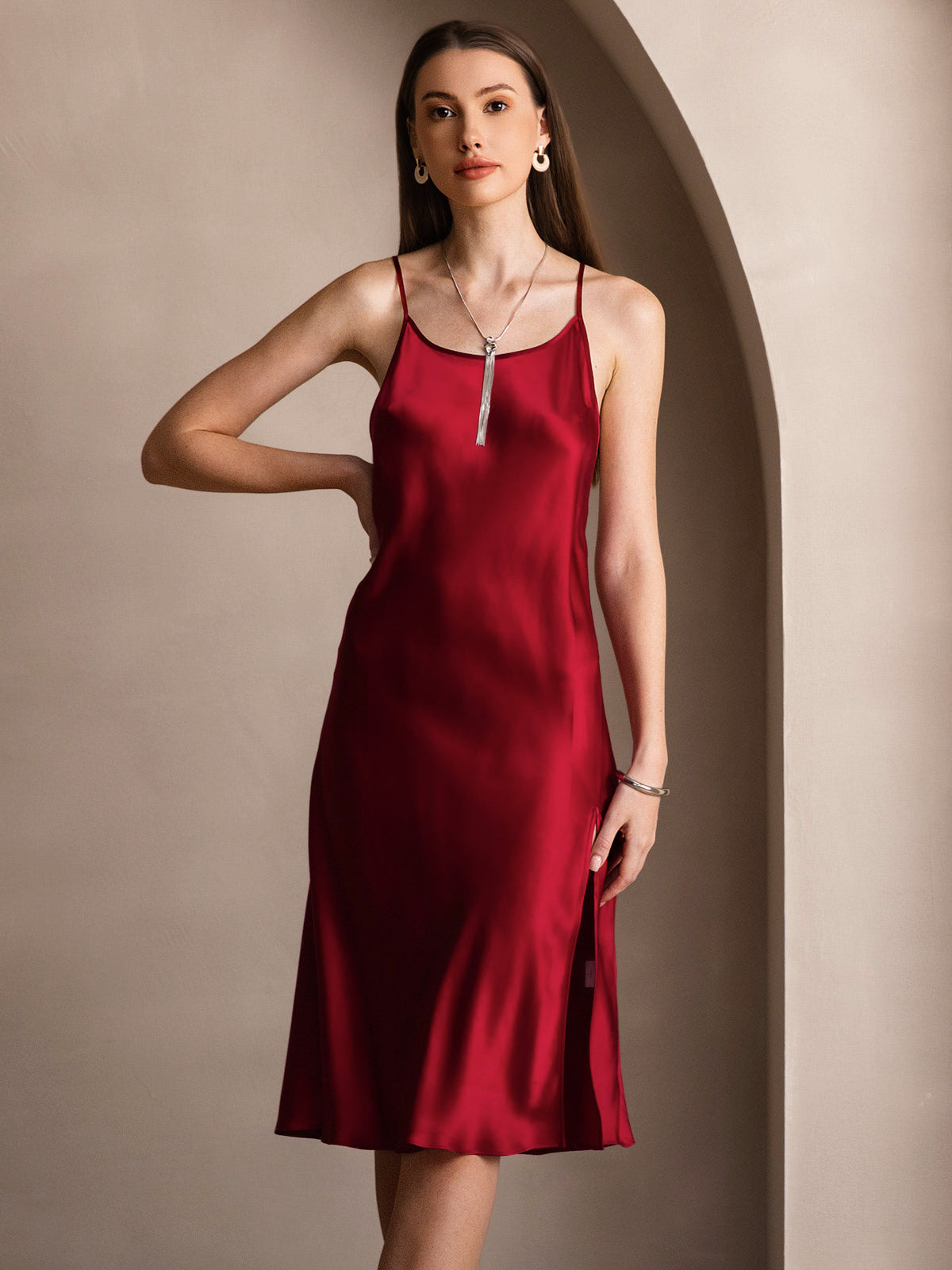 [Rouge Vineux] SilkSilky-FR Pure Soie Col Rond Robes 006