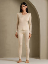 [Beige] SilkSilky-FR Long Sleeve V Neck Sous Vêtements Longs Femme 001