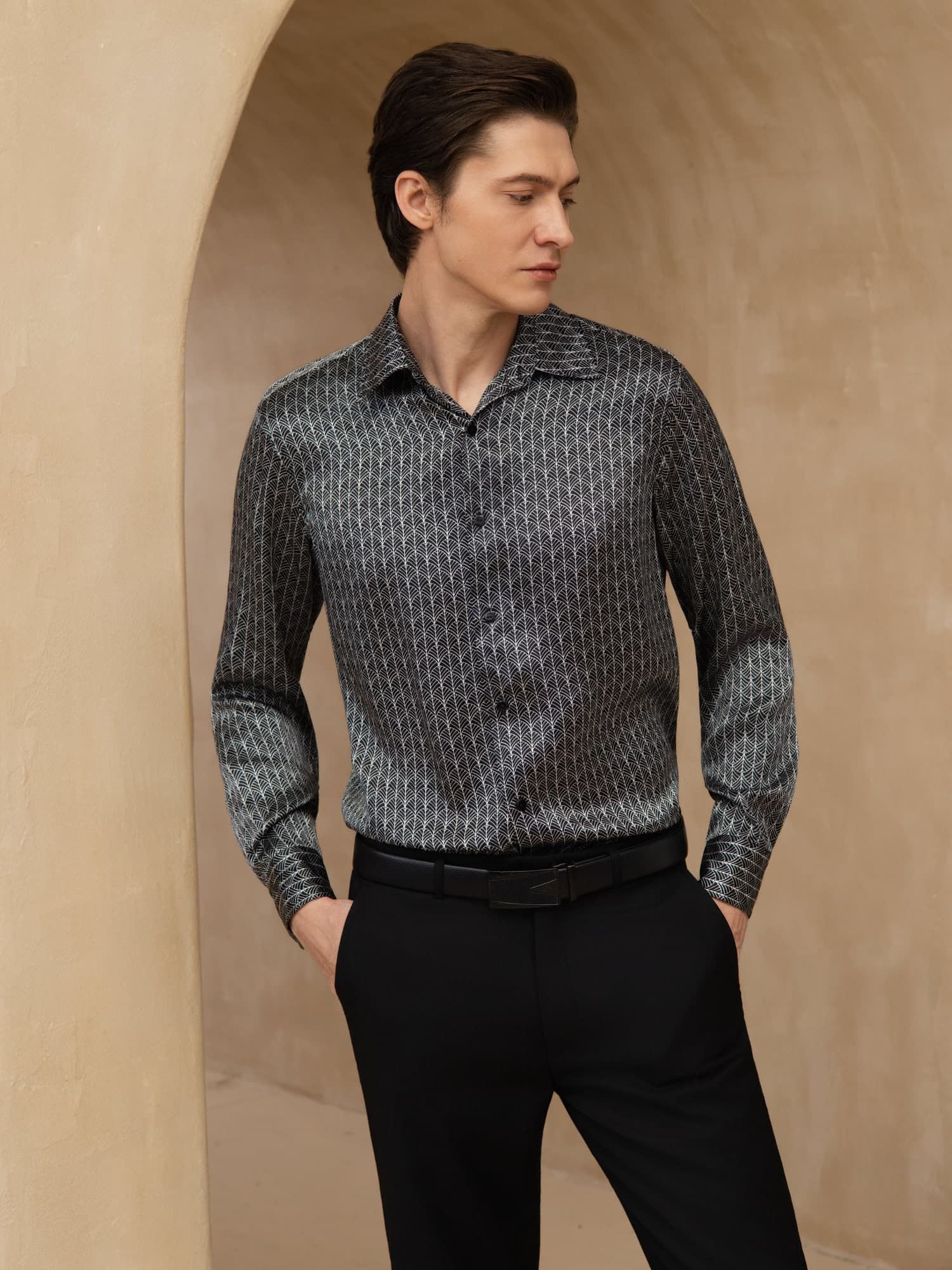 [Ginkgo Noir] SilkSilky-FR Manches longues Col à Revers Homme Chemise 001