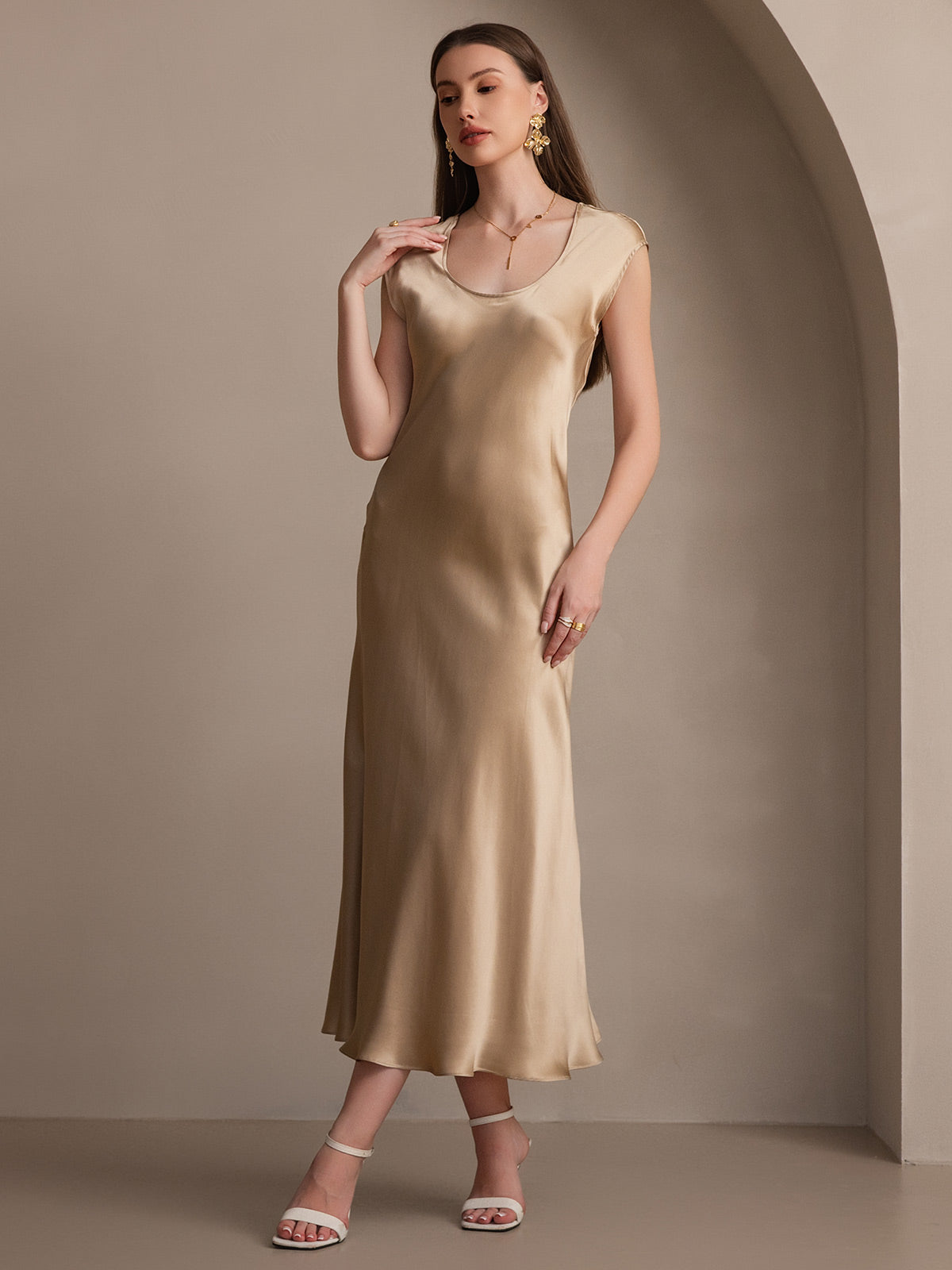 [Champagne] SilkSilky-FR 19Momme Soie Col Rond Robes 006