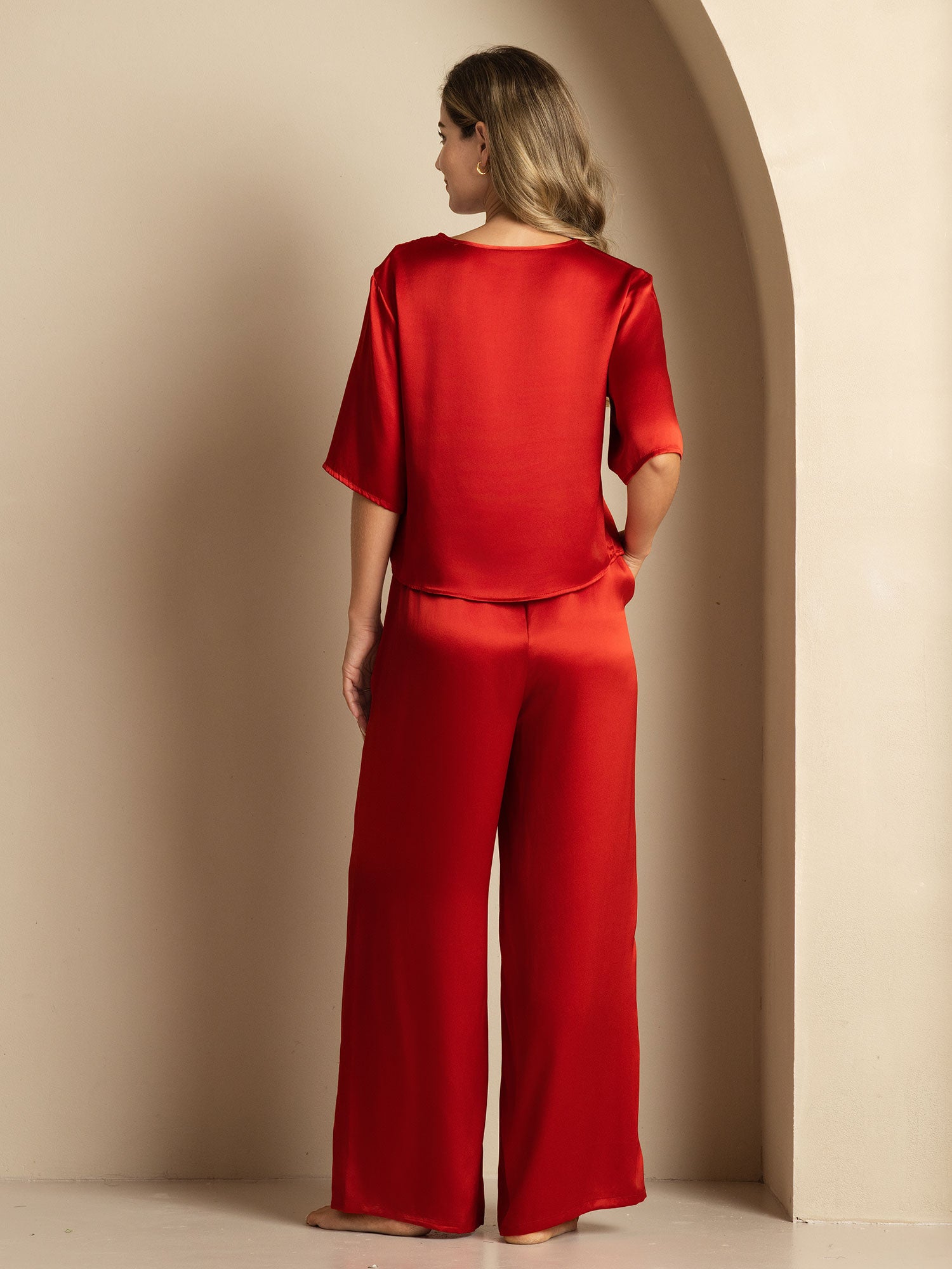 [Rouge Vineux] SilkSilky-FR Pure Soie Col Rond Femme Pyjamas 002