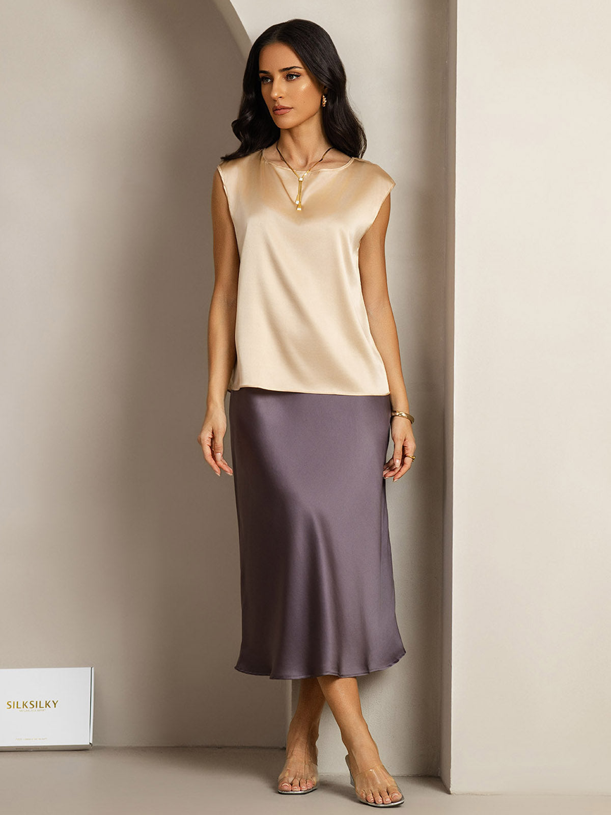 [Champagne] SilkSilky-FR 19Momme Soie Col Rond Femme T-Shirt 003