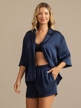 [Bleu Foncé] SilkSilky-FR 19Momme Manches mi-longues Col Cranté Femme Pyjamas 003