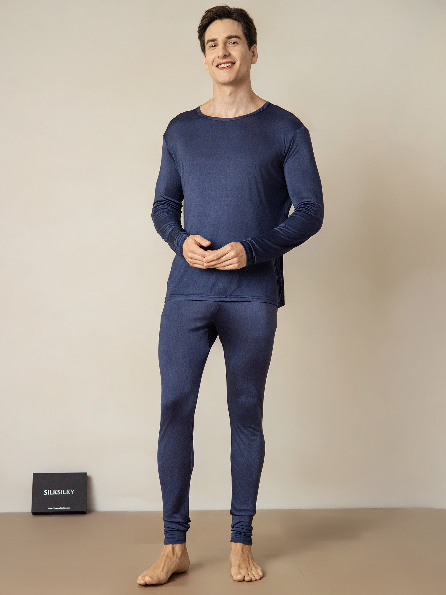 [BleuFoncé] SilkSilky-FR Soie Mens Pajamas 001