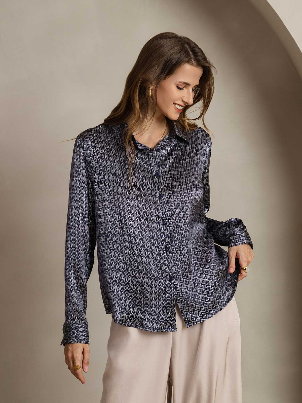 [Ginkgo Marine] SilkSilky-FR Soie Manches longues Col Chemise Femme Chemise 005