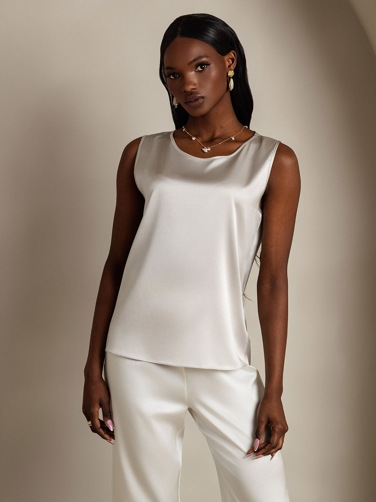 [Gris Clair] SilkSilky-FR 19Momme Sans manches Col Rond Top À Fines Brides 003