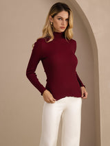 [Rouge Vineux] SilkSilky-FR Long Sleeve Turtle Neck Femme T-Shirt 003