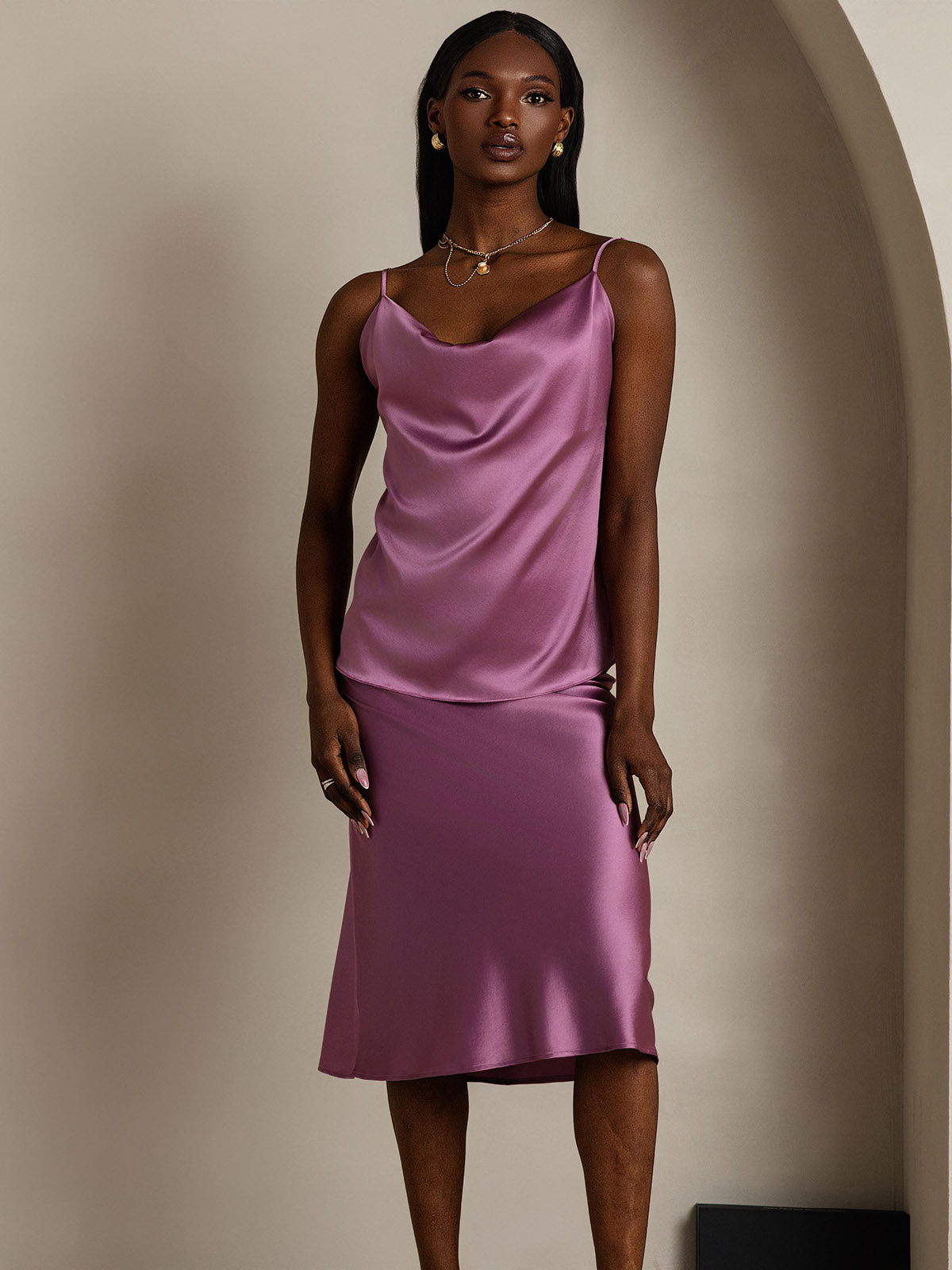 [Violet Foncé] SilkSilky-FR 19Momme Soie Col Bénitier Top À Fines Brides 005
