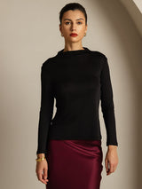 [Noir] SilkSilky-FR Soie Col Haut Femme T-Shirt 001