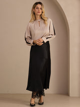 [Tan] SilkSilky-FR Long Sleeve Keyhole Neck Blouse 007