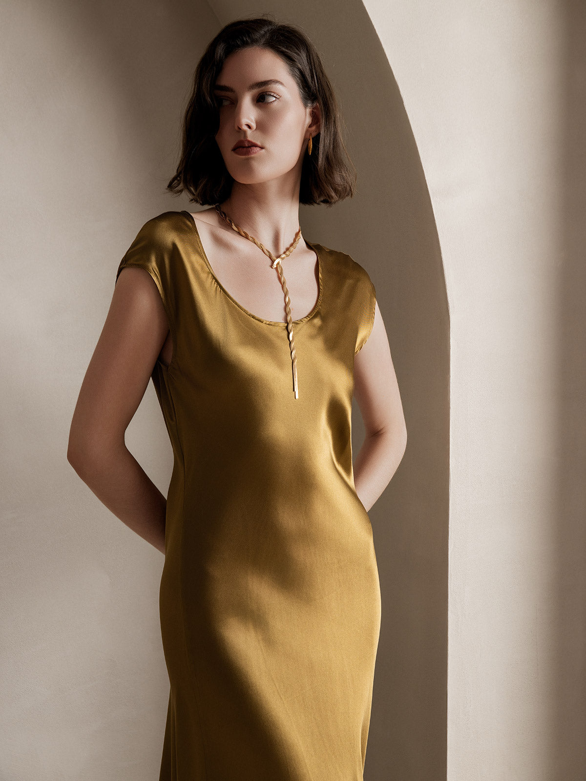 [Brun] SilkSilky-FR 19Momme Soie Col Rond Robes 003