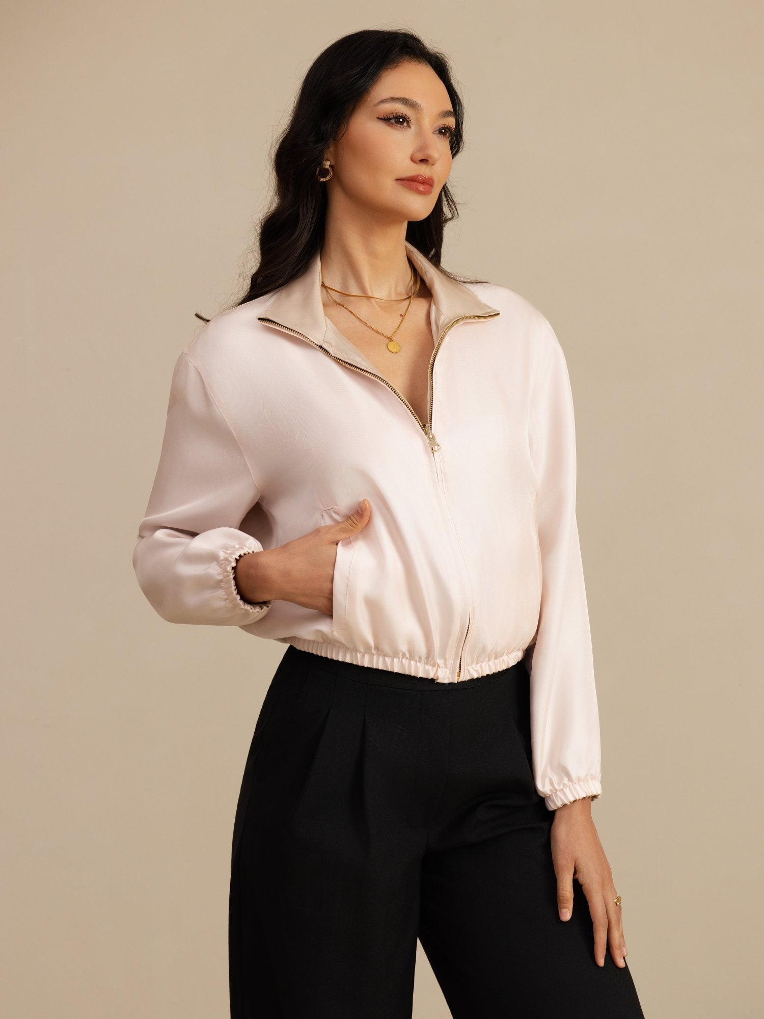 [Tan+Rose] SilkSilky-FR 18Momme Manches longues Col Montant Femme Manteaux 005