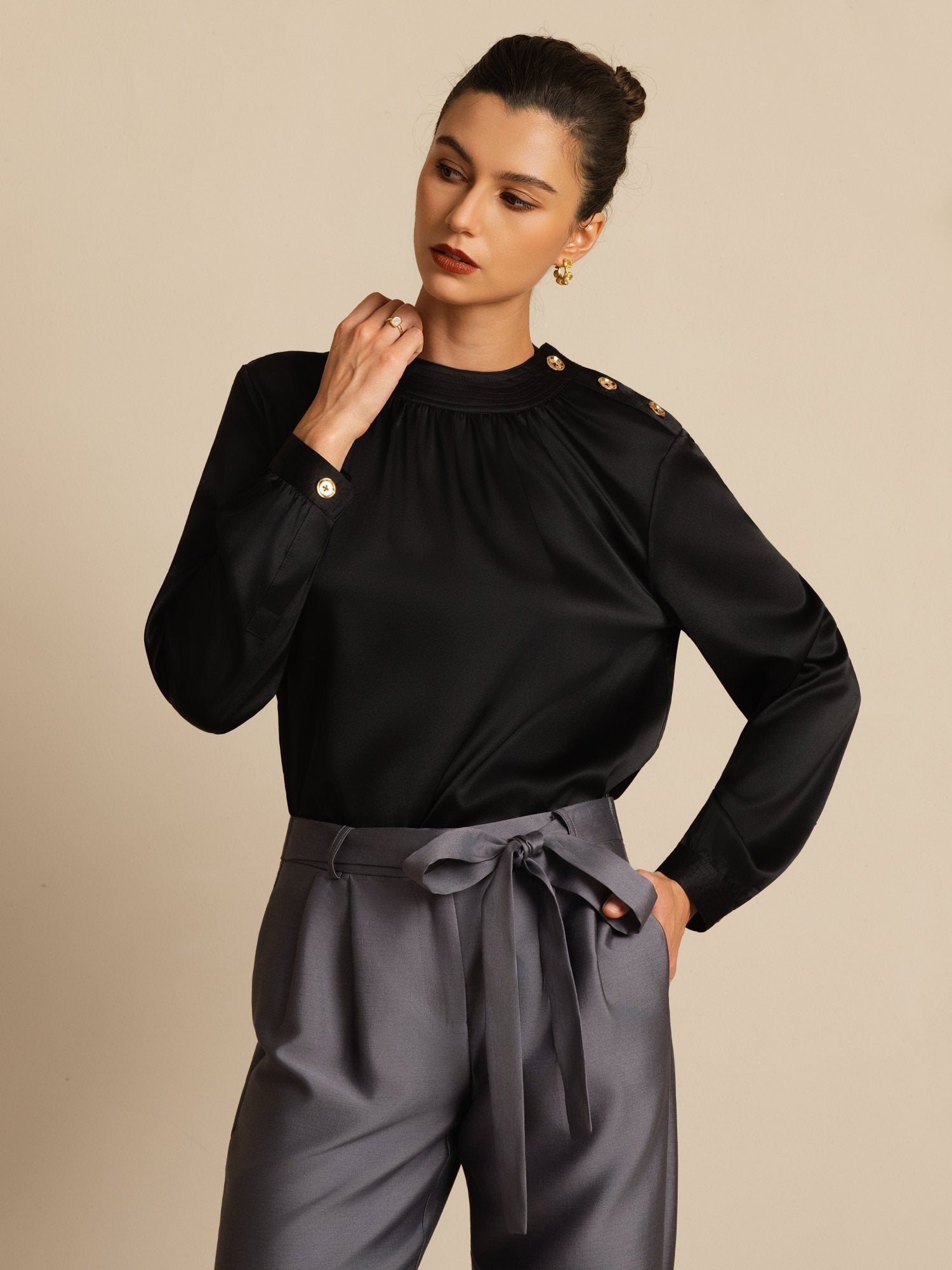 [Noir] SilkSilky-FR 19Momme Soie Manches longues Col Rond Blouse 001