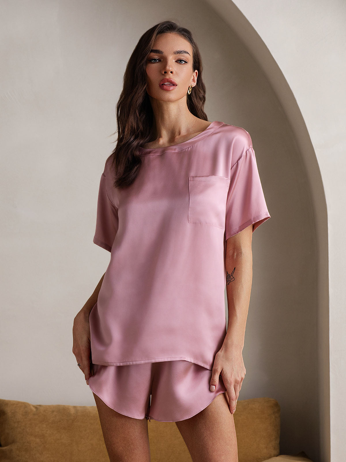 [Mauve Pâle] SilkSilky-FR Pure Soie Col Rond Femme Pyjamas 005