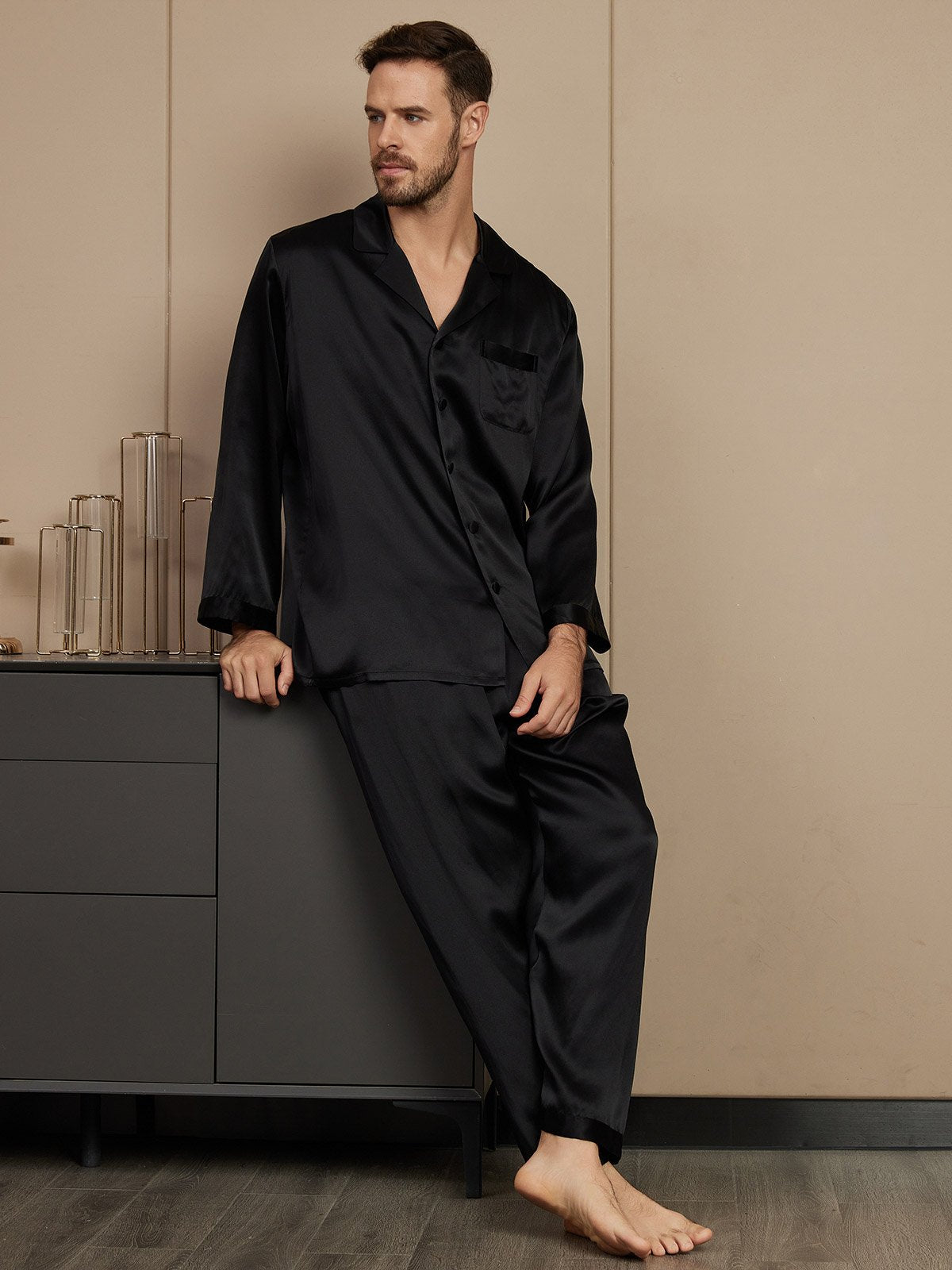 SilkSilky FR Pure Soie Manches longues Mens Pajamas Noir 004