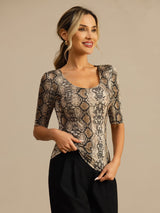 [Snakeskin] SilkSilky-FR Manches mi-longues Encolure Dégagée Femme T-Shirt 004