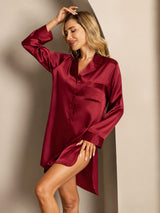 [Rouge Vineux] SilkSilky-FR Long Sleeve Lapel Collar Chemise pour dormir 004