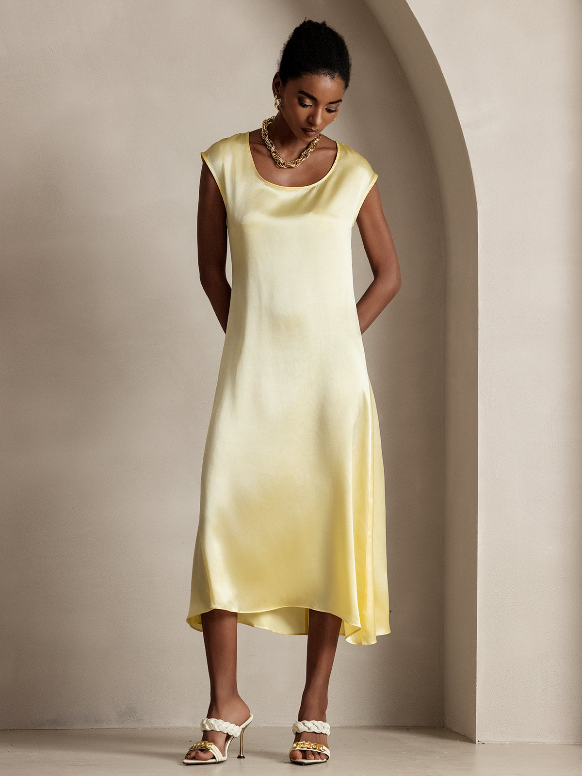 [Jaune Clair] SilkSilky-FR 19Momme Soie Col Rond Robes 006