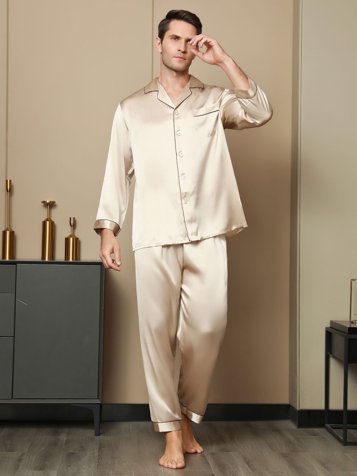 SilkSilky-FR Pure Soie Manches longues Revers Homme Pyjamas Tan 005