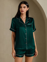 [Vert Foncé] SilkSilky-FR Short Sleeve Lapel Collar Femme Pyjamas 001