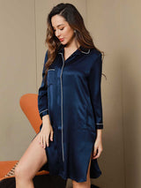 [Bleu Foncé] SilkSilky-FR Pure Soie Trois-quart Revers Chemise pour dormir 008