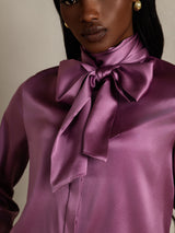 [Violet Foncé] SilkSilky-FR Long Sleeve High Neck Blouse 008