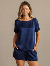 [Bleu Foncé] SilkSilky-FR 19Momme Manches courtes Col Rond Femme Pyjamas 001