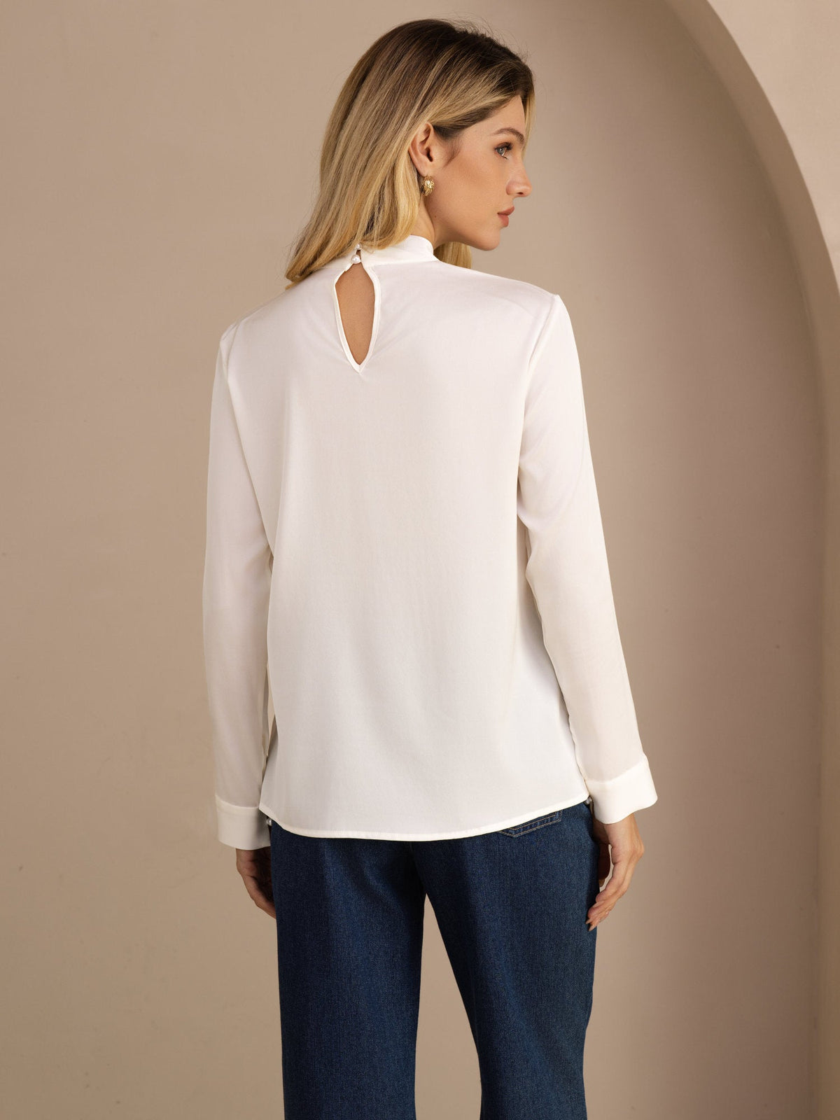 [Blanc] SilkSilky-FR Long Sleeve Stand Collar Blouse 002