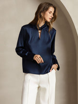 [Bleu Foncé] SilkSilky-FR 19Momme Soie Womens Shirt 006