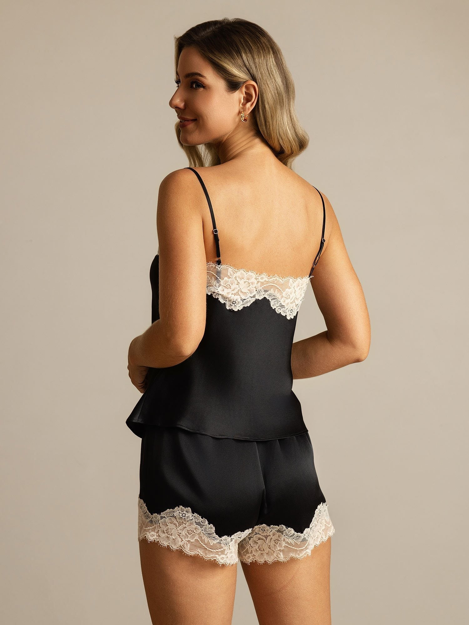 [Noir] SilkSilky-FR Soie Camisole Set 002