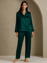 [Vert Foncé] SilkSilky-FR Long Sleeve Lapel Collar Femme Pyjamas 006