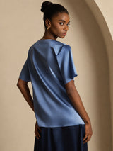 [Bleu Canard Véritable] SilkSilky-FR Short Sleeve Cowl Neck Blouse 002
