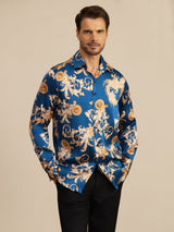 [Dragon Navy] SilkSilky-FR Long Sleeve Lapel Collar Homme Chemise 003