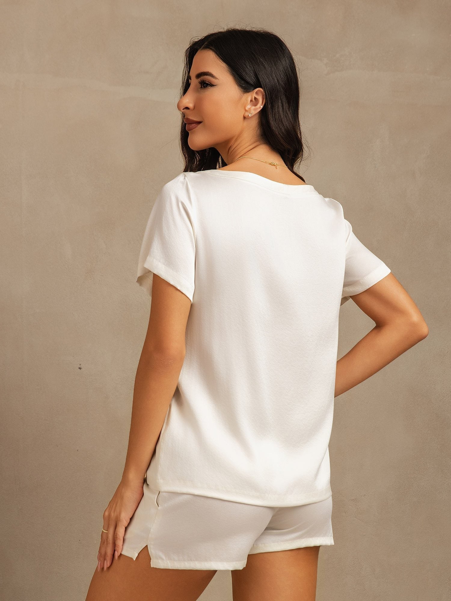 [Blanc] SilkSilky-FR 19Momme Soie Col Rond Femme Pyjamas 002,