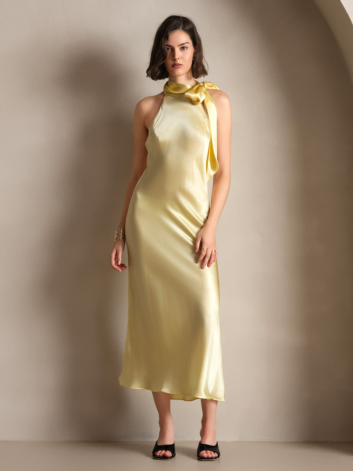 [Jaune Clair] SilkSilky-FR 19Momme Soie Dress 005