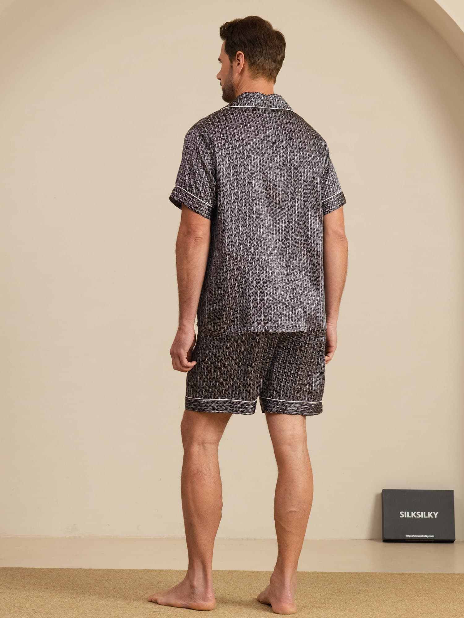 [Ginkgo Noir] SilkSilky-FR Manches courtes Col Cranté Homme Pyjamas 002