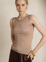 [Café] SilkSilky-FR Sans manches Col Rond Femme T-Shirt 003