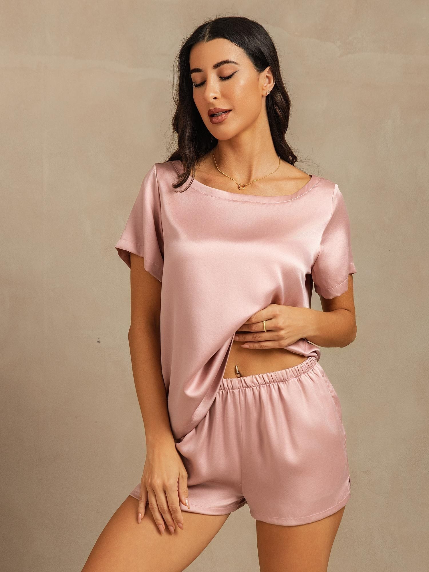 [Peau De Pêche] SilkSilky-FR 19Momme Soie Col Rond Femme Pyjamas 005,