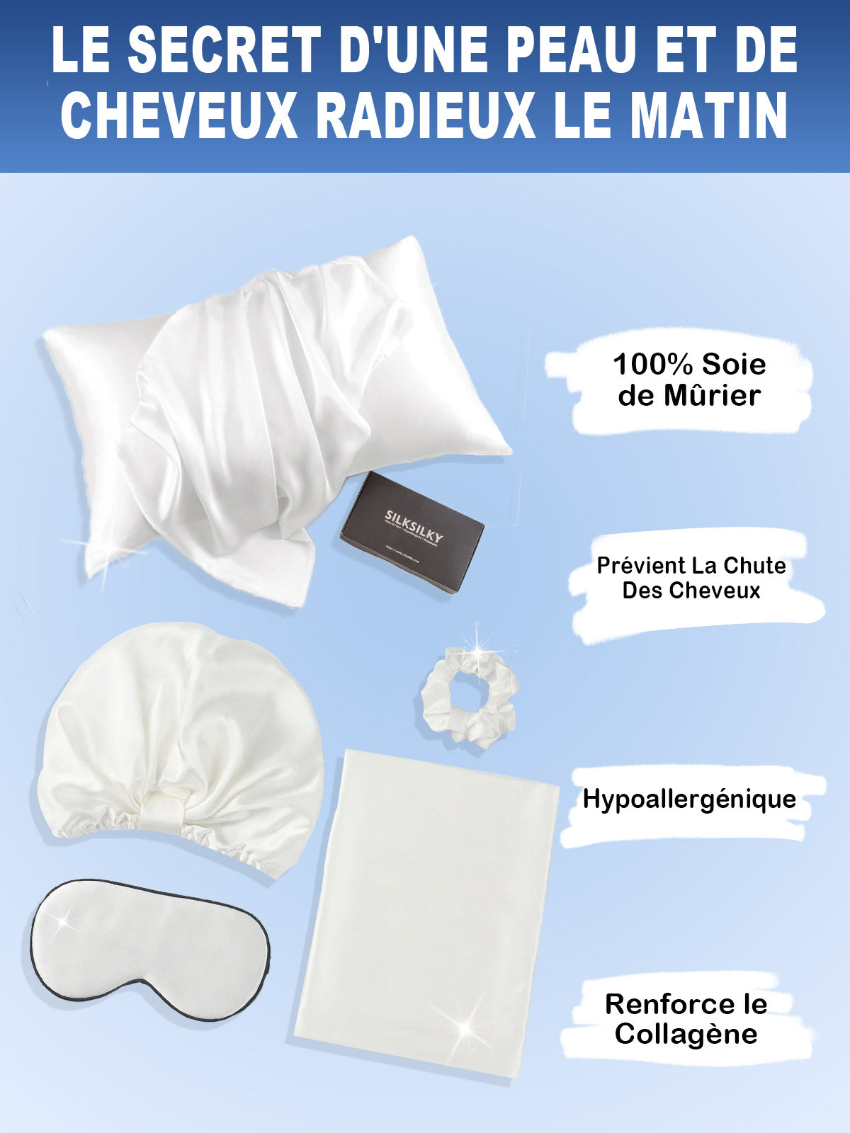 SilkSilky FR 19Momme Pure Soie Pillowcase Set Blanc 002