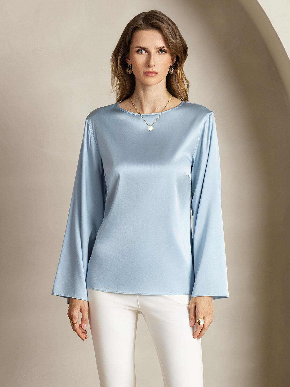 [Bleu Grisâtre] SilkSilky-FR 19Momme Soie Col Rond Femme T-Shirt 004