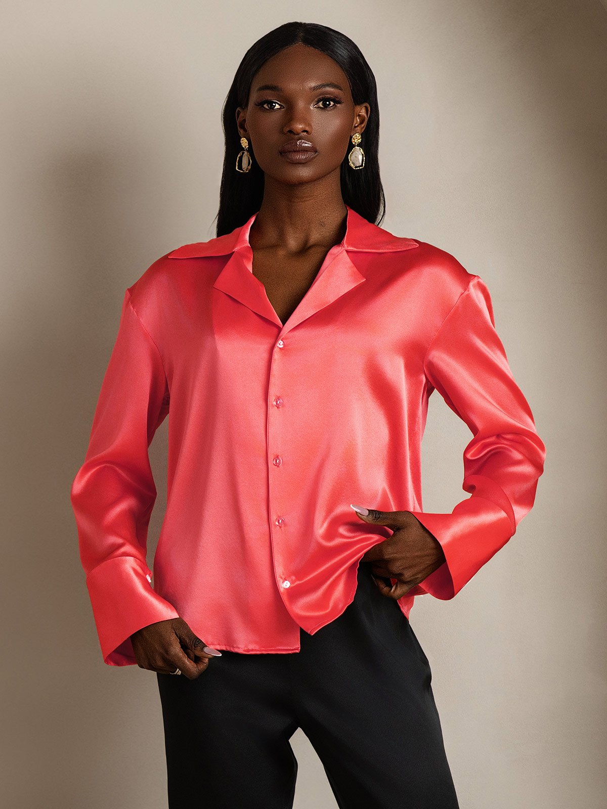 SilkSilky-FR 19Momme Soie Manches longues Revers Femme Chemise RougeImpérial 003