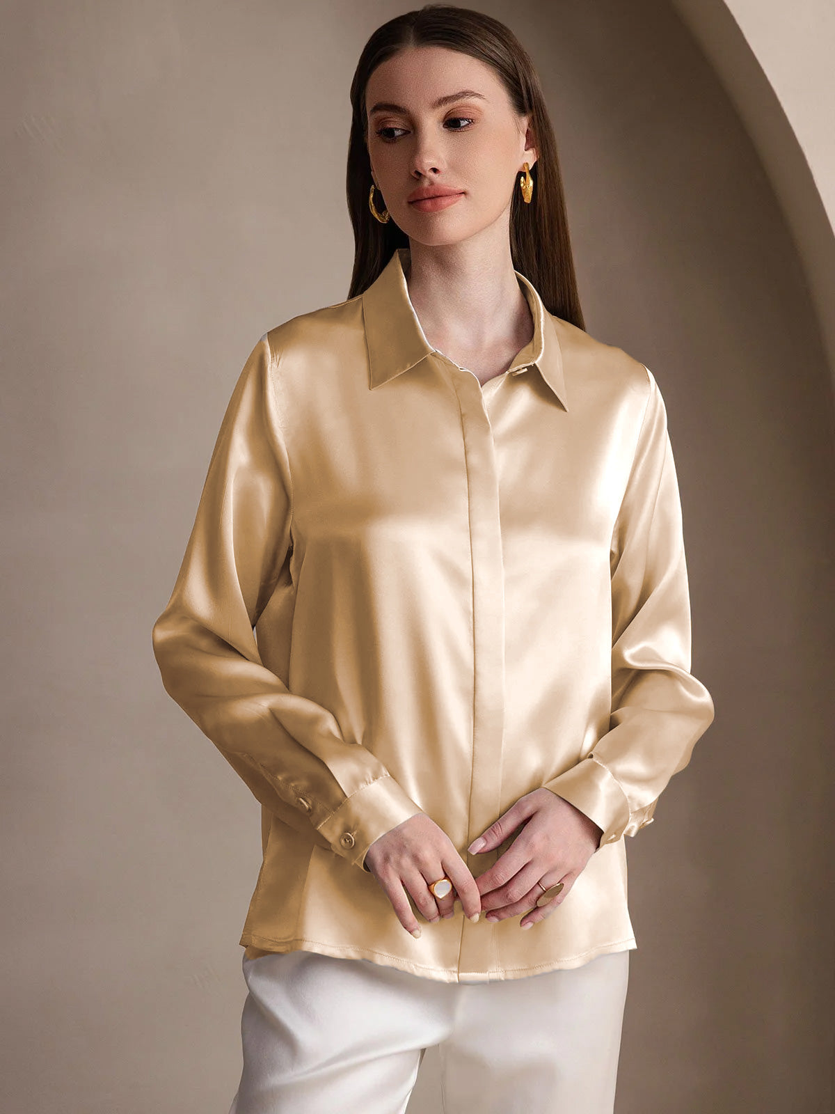[Champagne] SilkSilky-FR 19Momme Soie Lapel Collar Femme Chemise 001