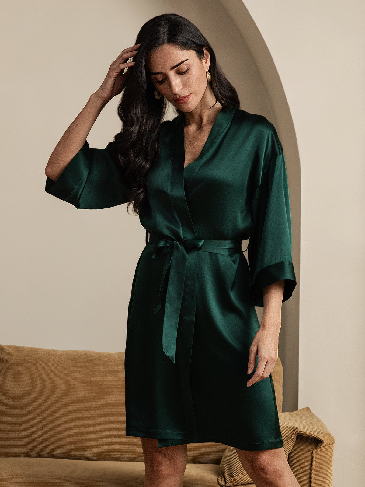 [Vert Foncé] SilkSilky-FR Trois-quart Femme Peignoir 006