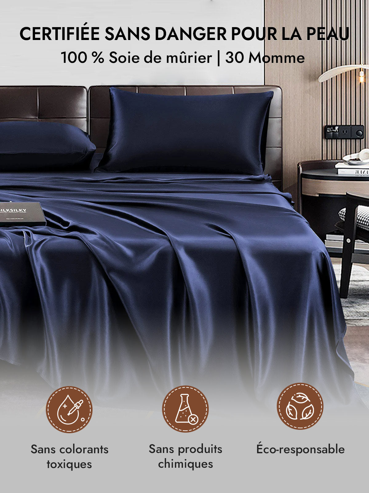[Bleu Foncé] SilkSilky-FR 30Momme Taies d'Oreiller 007