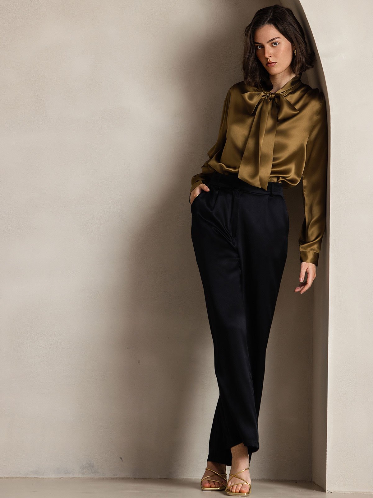 [Brun] SilkSilky-FR 19Momme Manches longues À Nouer Blouse 008