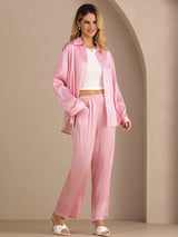 [Rayures Fines Roses] SilkSilky-FR Long Sleeve Lapel Collar Women's Outfit Sets 003