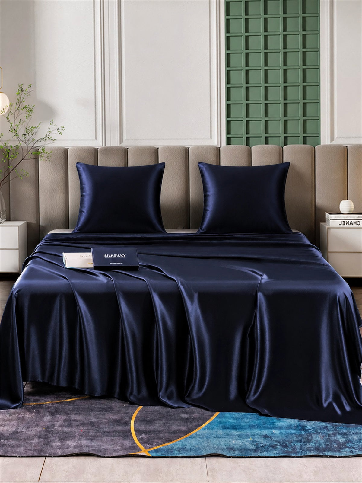 [Bleu Foncé] SilkSilky-FR Parure de Lit Soie 001