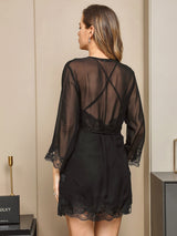 [Noir] SilkSilky-FR Pure Soie Trois-quart Nightgown&Robe Set 003